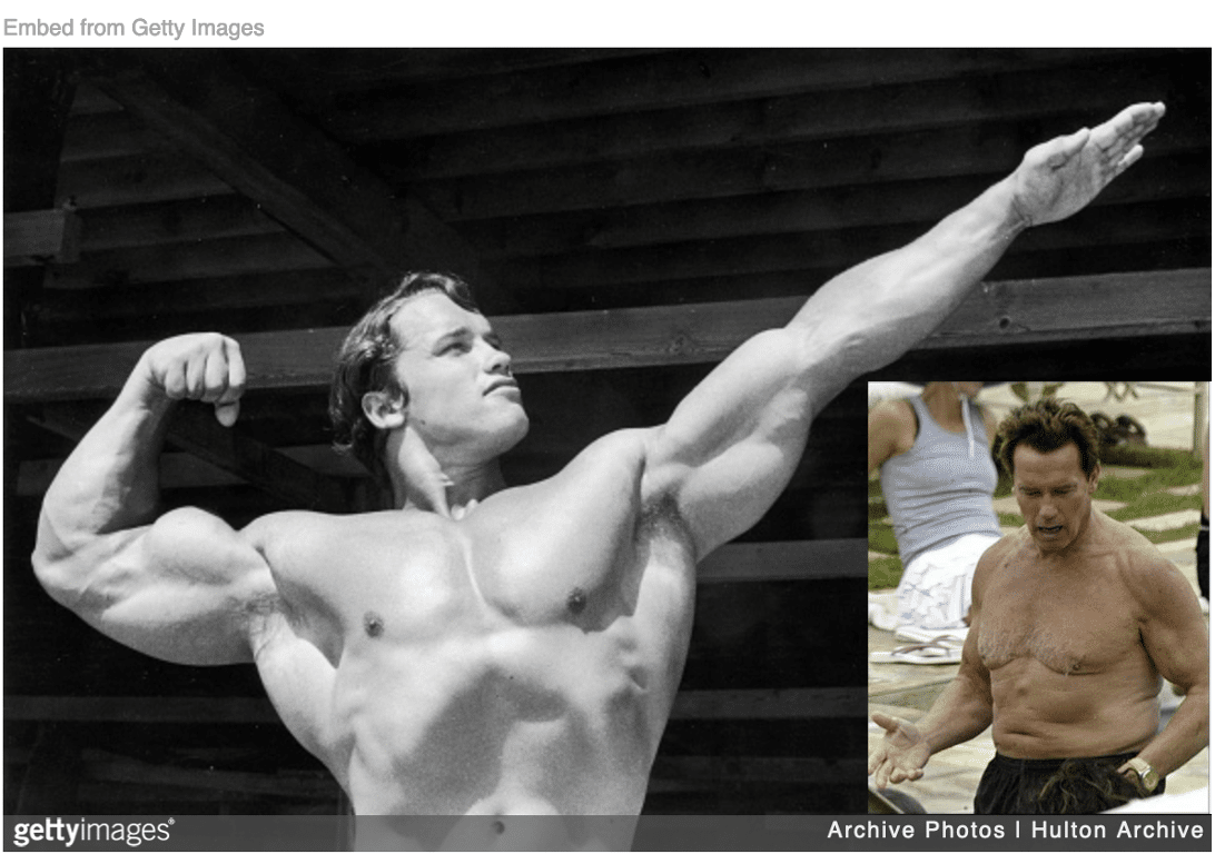 Arnold Schwarzenegger posing in his prime and in swimsuit years after his prime inset.
