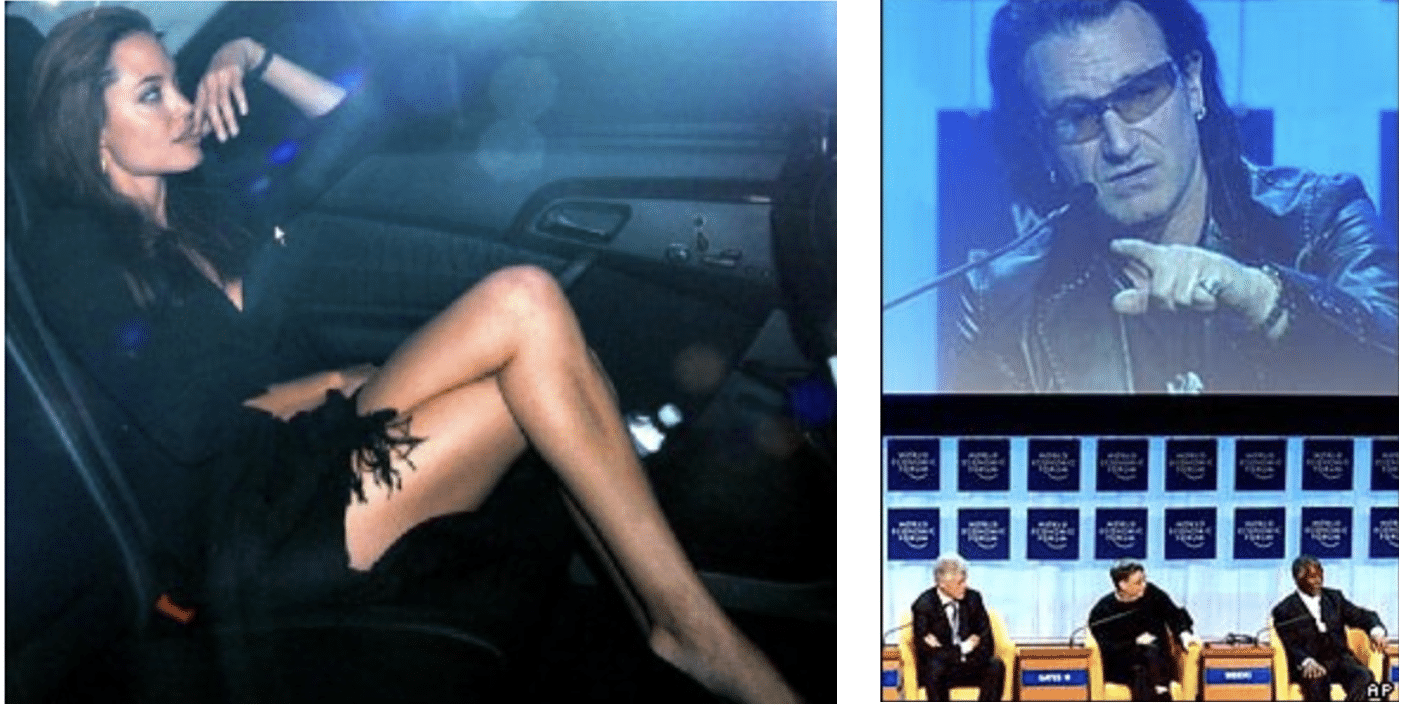 Angelina Jolie showing off legs in back seat and image of Bono addressing world leaders at conference