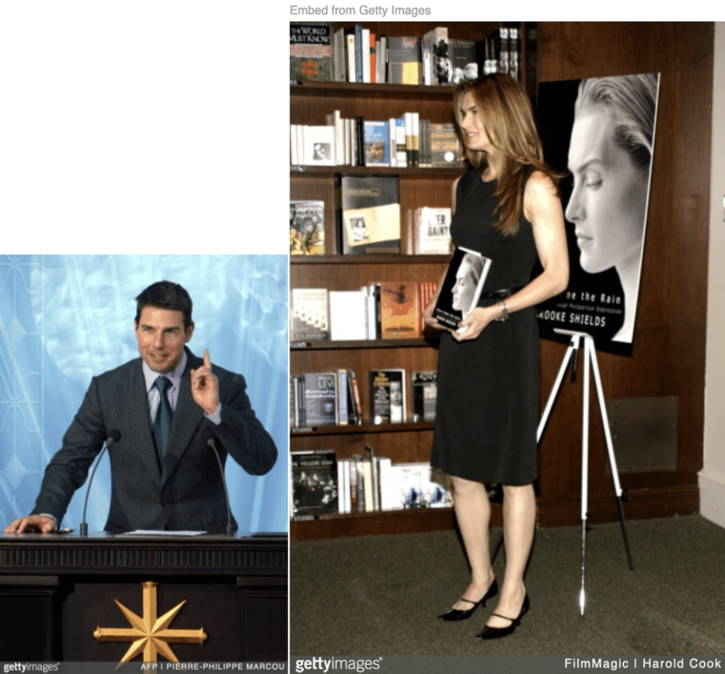 Brooke Shields promoting her memoir and Tom Cruise speaking at Scientology event. 