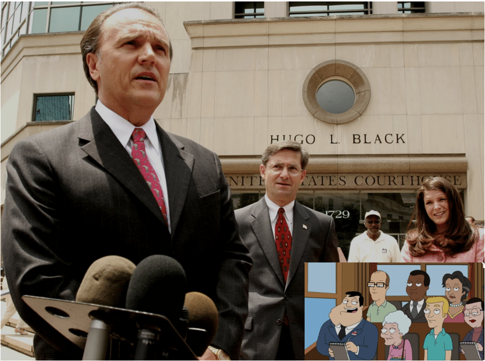 Richard Scrushy addressing media during his trial with cartoon image of jury inset.