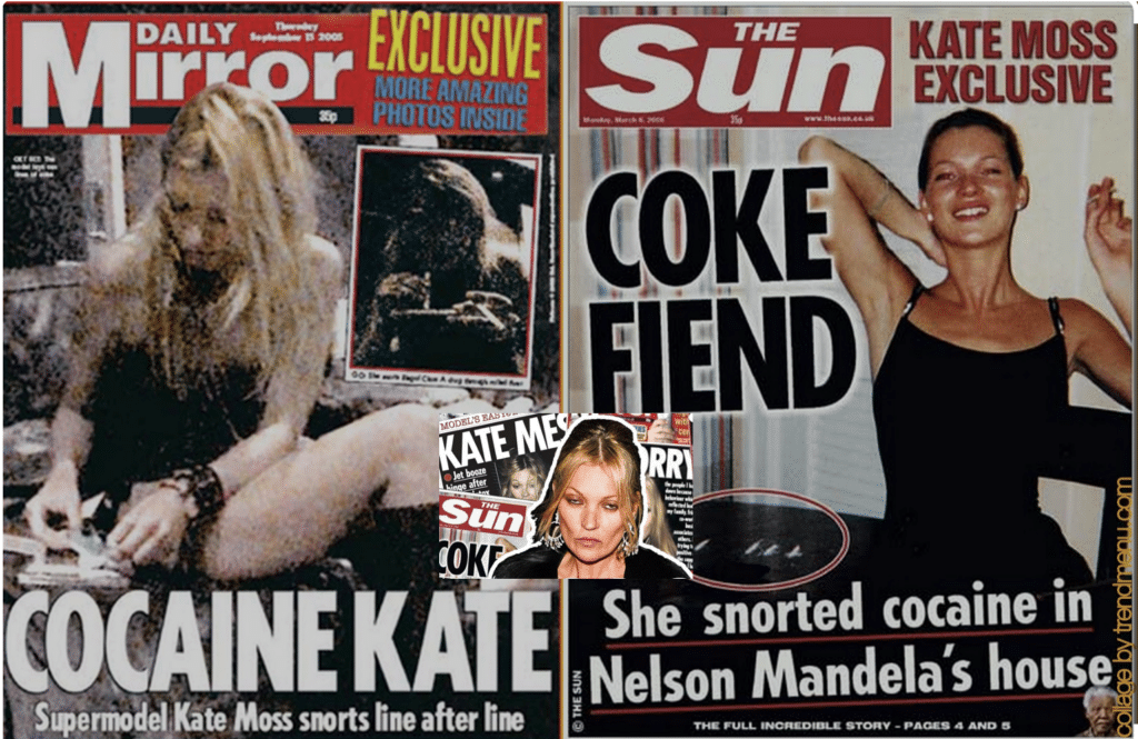 front pages featuring Kate Moss as a coke fiend