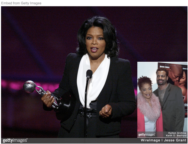 Oprah accepting award with Terry McMillan and her husband Jonathan Plummer in happier times.