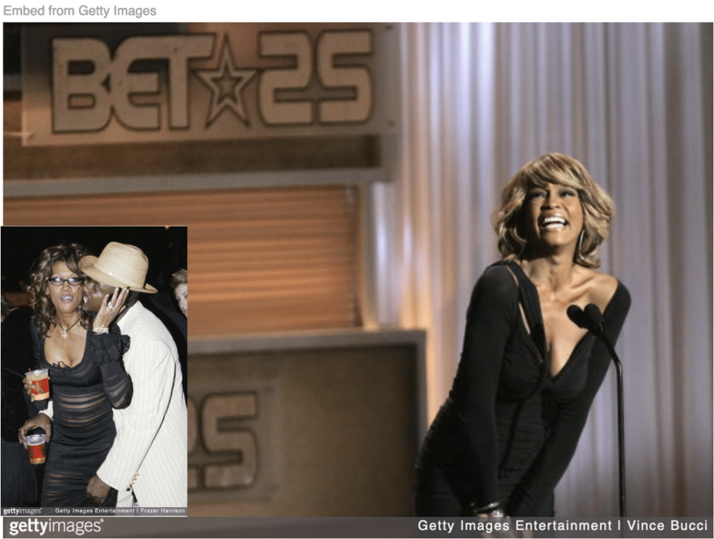 Whitney Houston at BET 25 celebration and publicly carousing with Bobby inset.