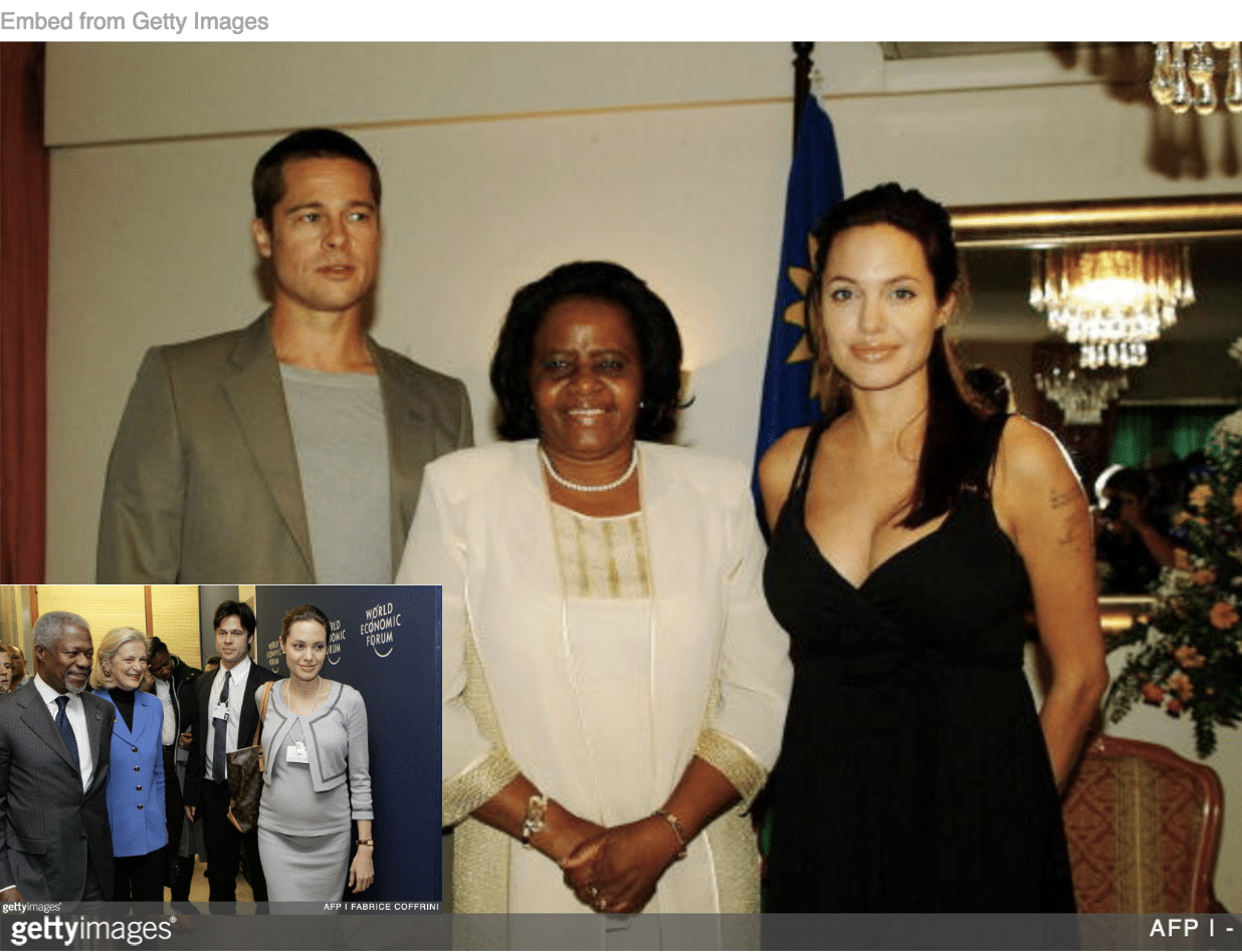 Angelina Jolie and Brad Pitt with first lady of Namibia and with UN secretary general Kofi Annan inset.