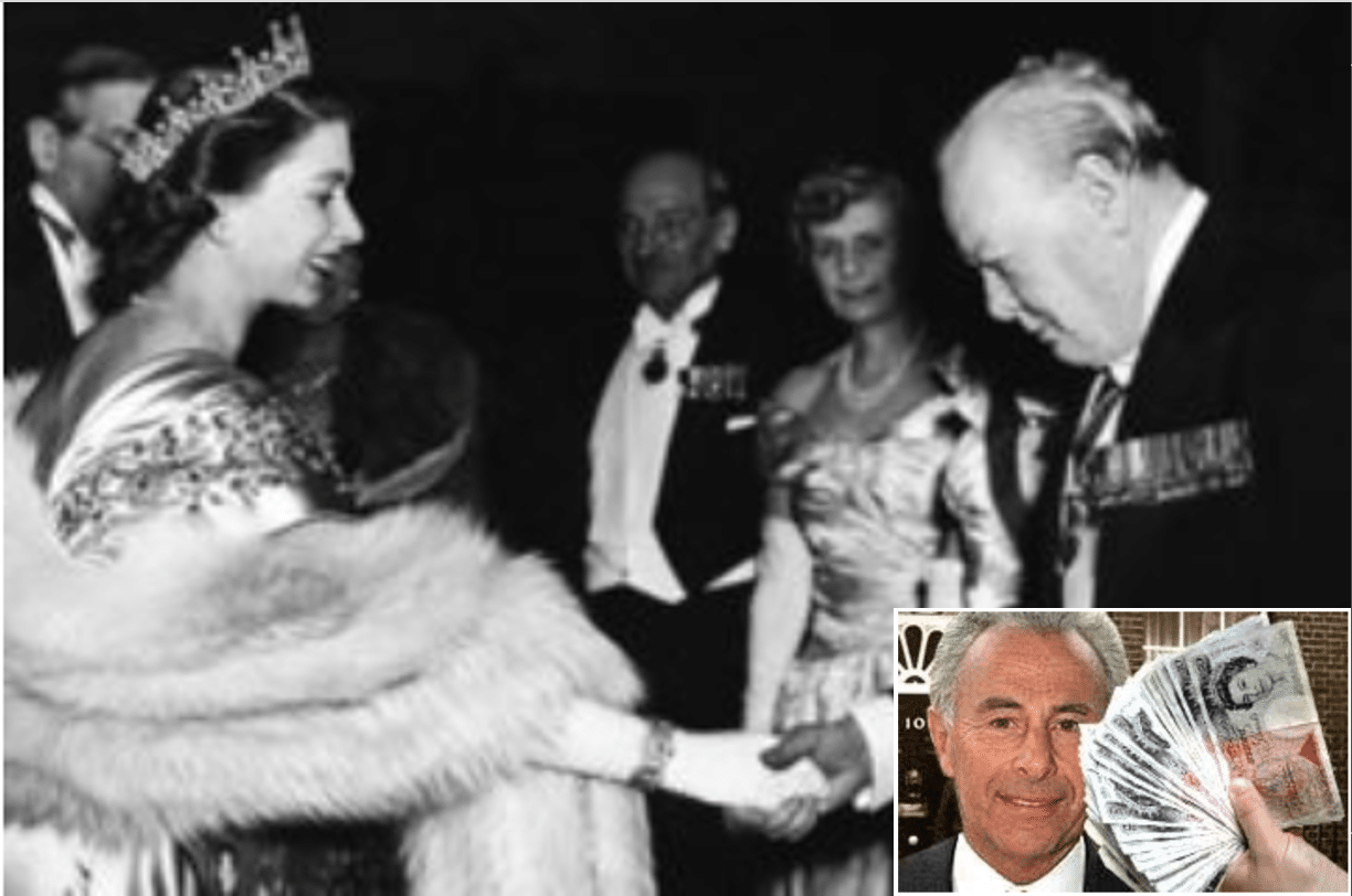 Queen greeting Churchill with inset image of Downing Street for sale