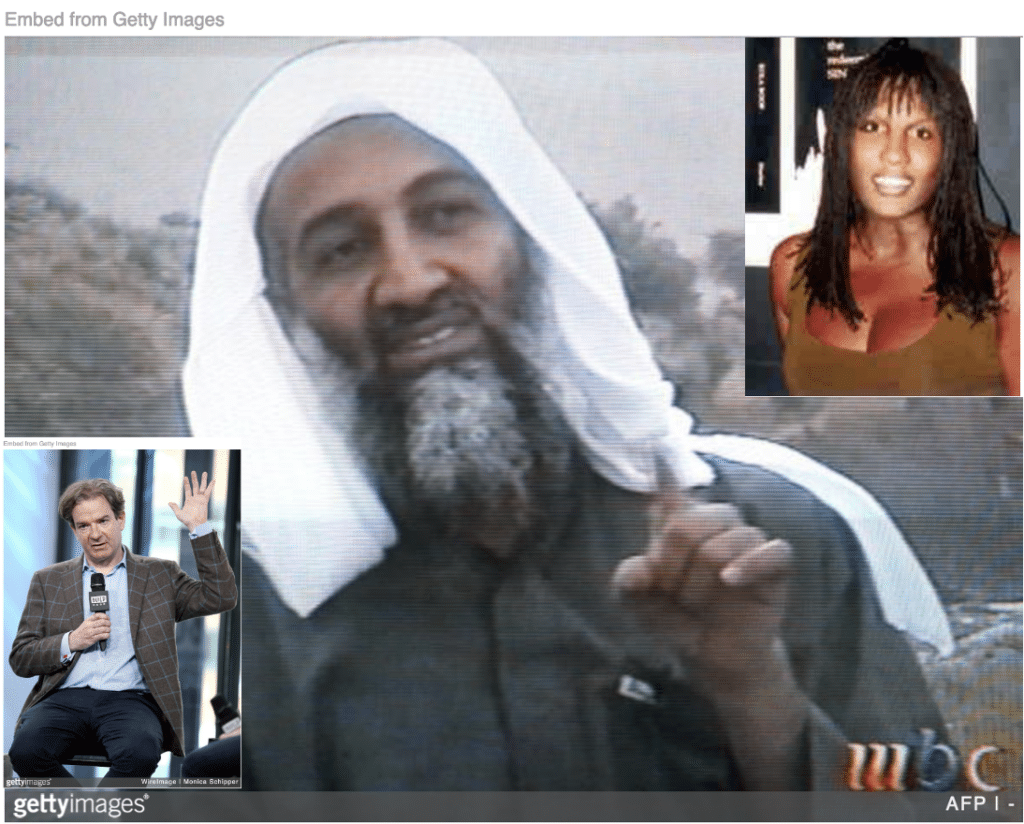 Osama bin Laden speaking from a mountaintop with his biographer Peter Bergen and lover Kola Boof inset