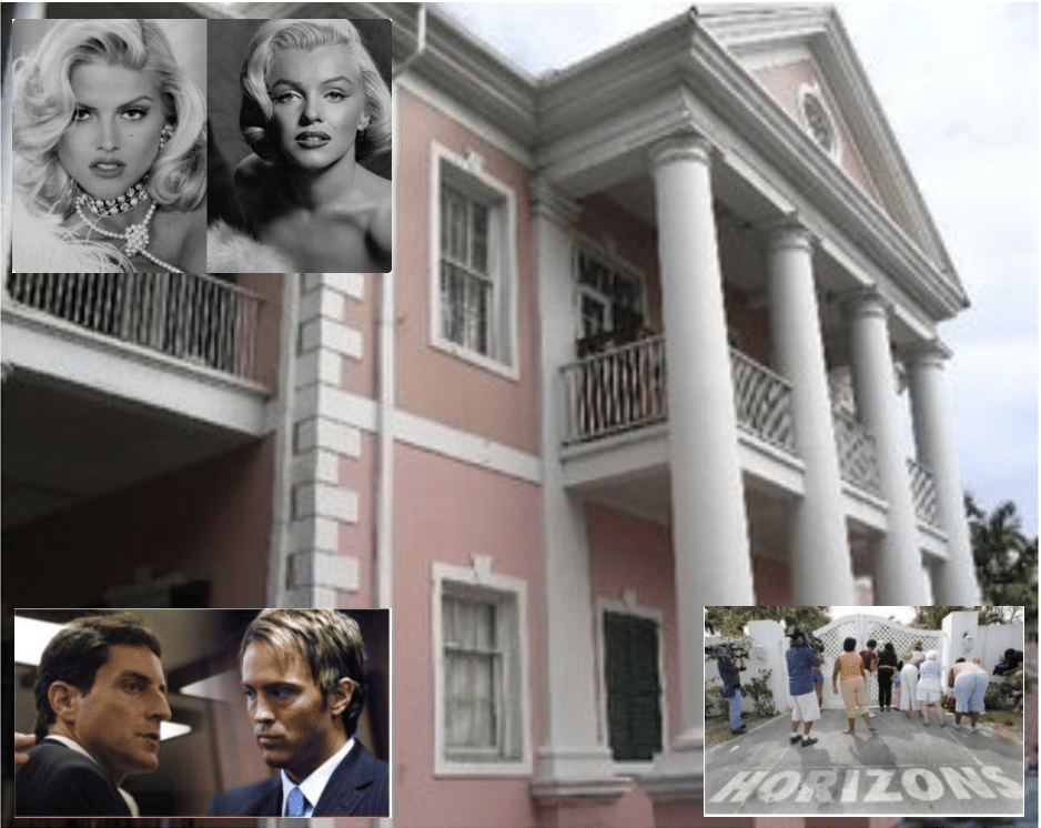 The Bahamas court with images of Anna Nicole Smith, Howard K. Stern, Larry Birkhead, and Horizons estate inset