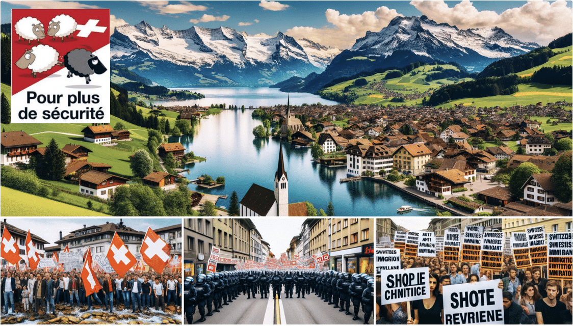 images of Switzerland's beauty juxtaposed with anti-immigrant protests