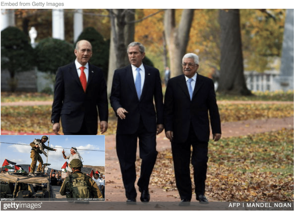 Olmert, Bush, and Abbas walking outside Naval Academy with Palestinians confronting Israeli soldiers inset.