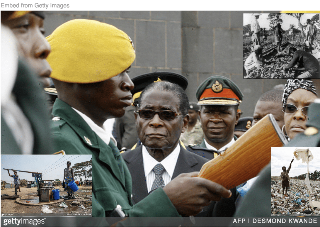 Robert Mugabe surrounded by guards with images of people drawing water from tap and kid rummaging for food and blacks planting food all inset
