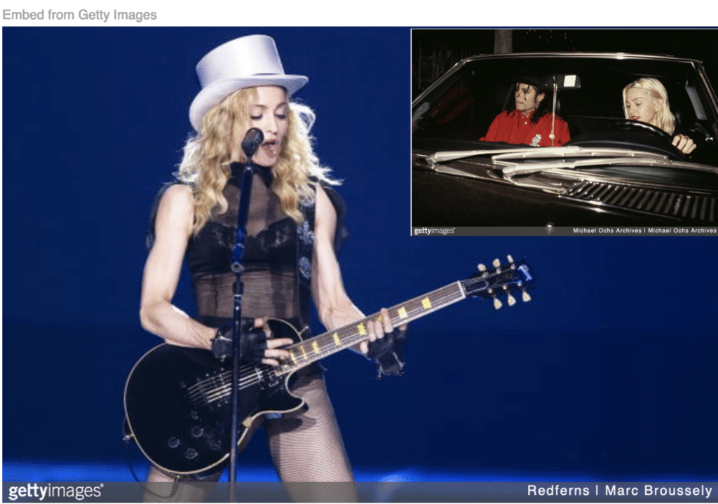 Madonna on stage playing guitar and inset driving Michael Jackson in her car
