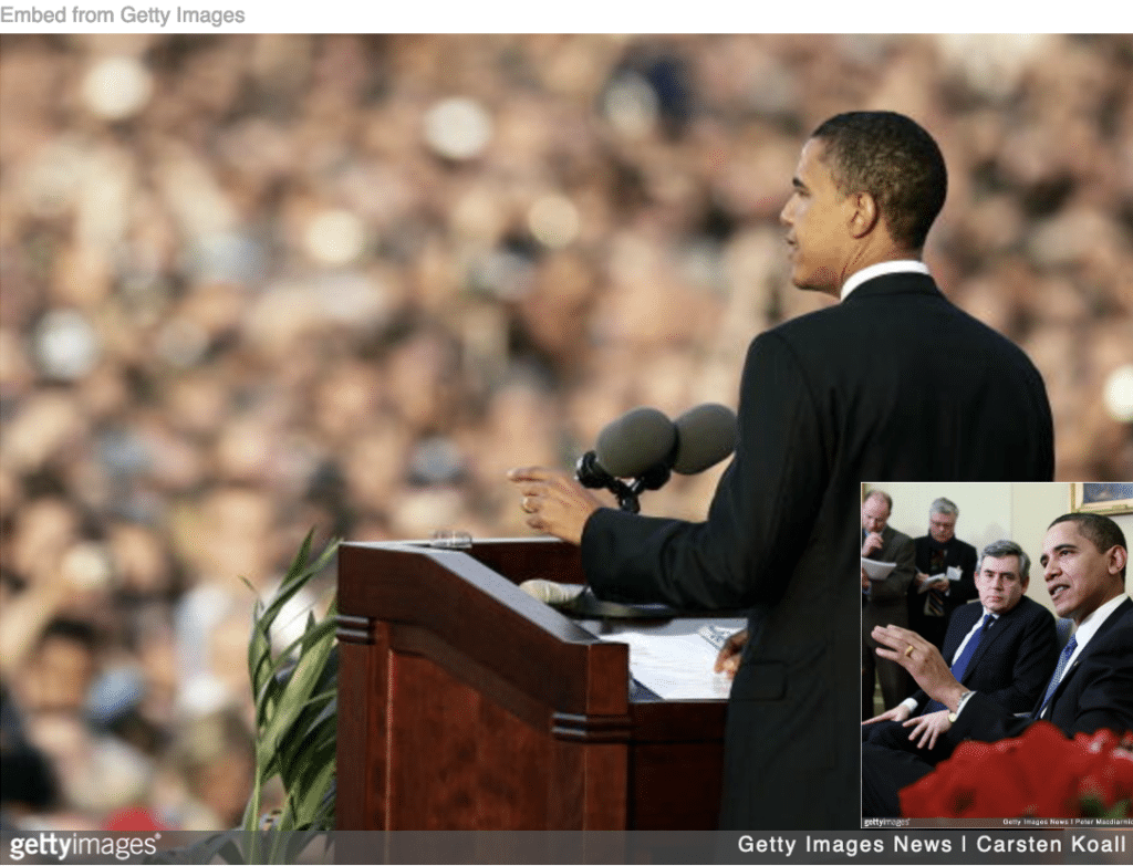 Obama speaking to massive, outdoor crowd in Berlin and meeting with UK PM Brown inset