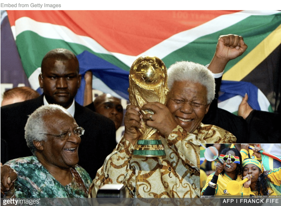 Mandela holding World Cup trophy with Black South Africans celebrating inset.