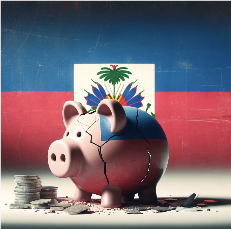 A cracked piggy bank in front of Haitian flag  representing failed recovery and rebuilding efforts.