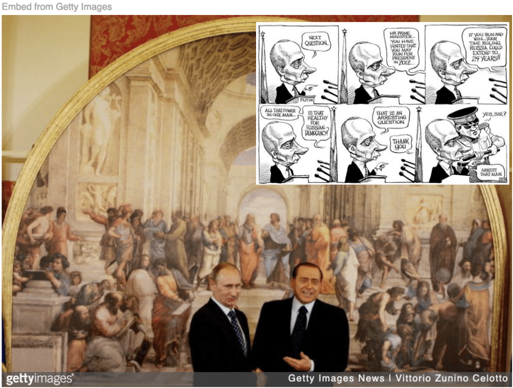Putin and Berlusconi join press conference with cartoon of Putin being a dictator.