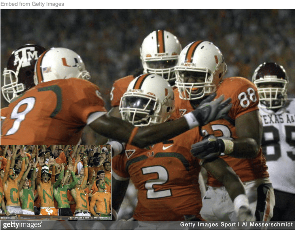 Miami Hurricanes Black football players on the field and inset of White students in the stands.