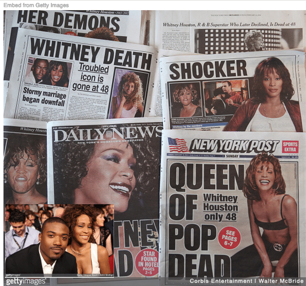 Front covers of papers announcing Whitney Houston is dead with inset photo of her and boyfriend Ray J
