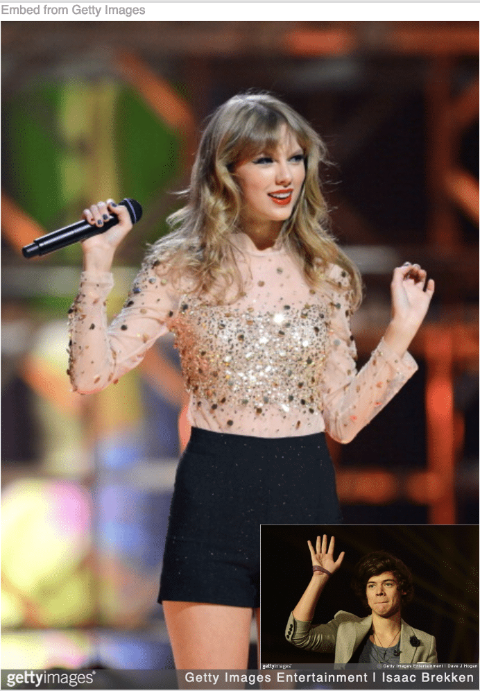 Taylor Swift on stage with Harry Styles waving inset.