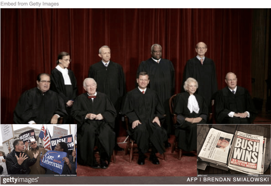 Supreme Court justices who tried Bush v. Gore with image of their supporters arguing in front of court and papers announcing Bush's victory inset.