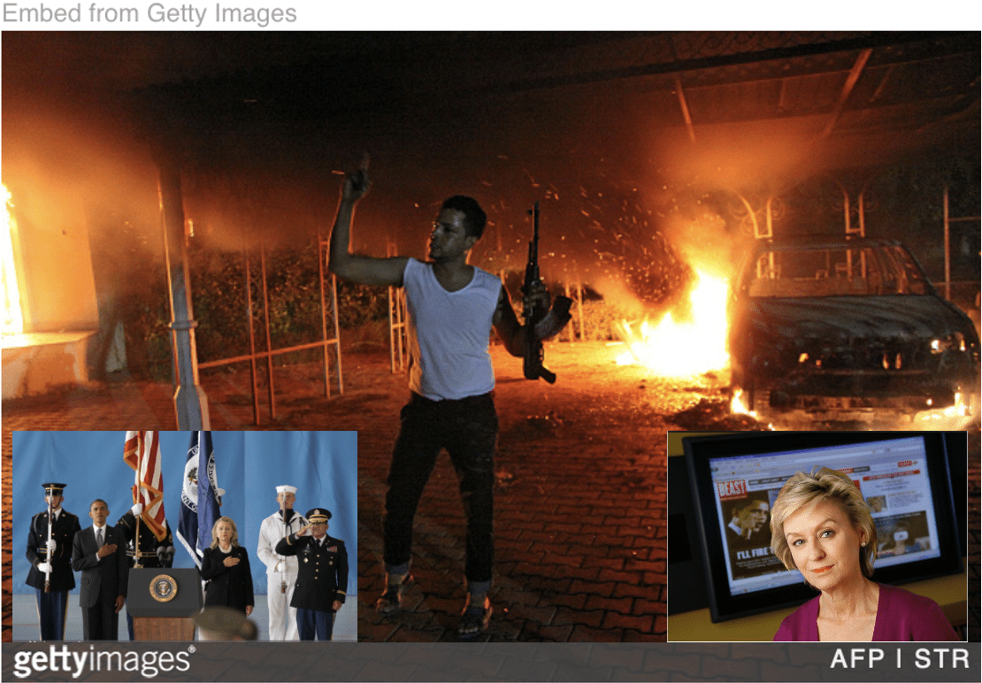Benghazi attack with image of Obama saluting dead soldiers and Tina Brown inset