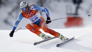 Norway's Svindal skis in the men's alpine skiing downhill race during the 2014 Sochi Winter Olympics at the Rosa Khutor Alpine Center