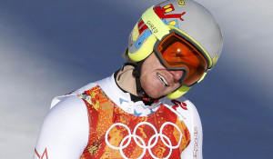 Ted Ligety of the U.S. reacts in the finish area after competing in the downhill run of the men's alpine skiing super combined event during the 2014 Sochi Winter Olympics at the Rosa Khutor Alpine Center