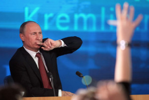 Russian President Vladimir Putin gives a major news conference for Russian and foreign journalists