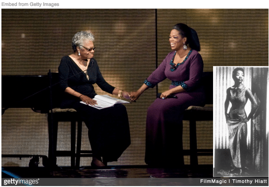 Maya Angelou on stage with Oprah