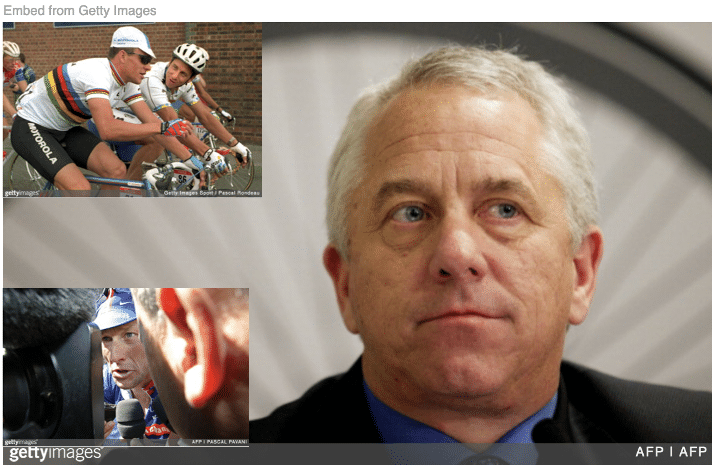 Greg LeMond holding press conference on doping in cycling with images of him riding with Armstrong and the press grilling Armstrong inset.