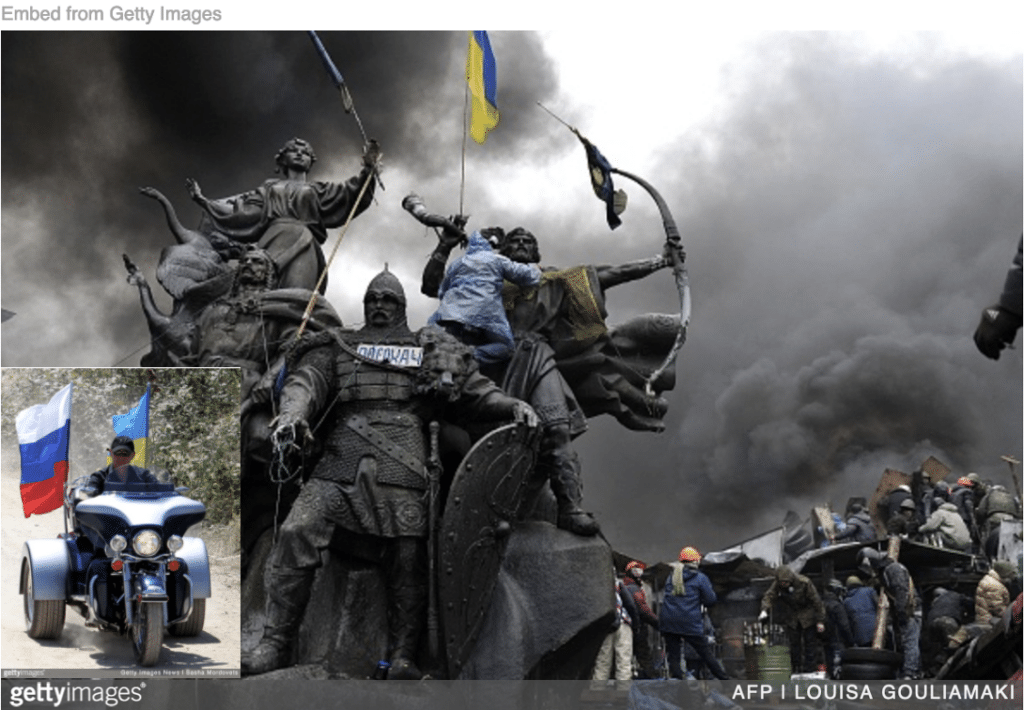 Ukraine on fire at height of conflict in 2014 and Putin riding tricycle in parade. 