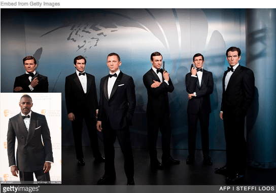 Wax figures of all actors who played James Bond and Idris Elba inset