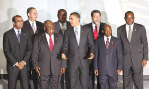 U.S. President Obama poses with leaders of the Caribbean islands during an official photo session at the 5th Summit of the Americas in Port of Spain
