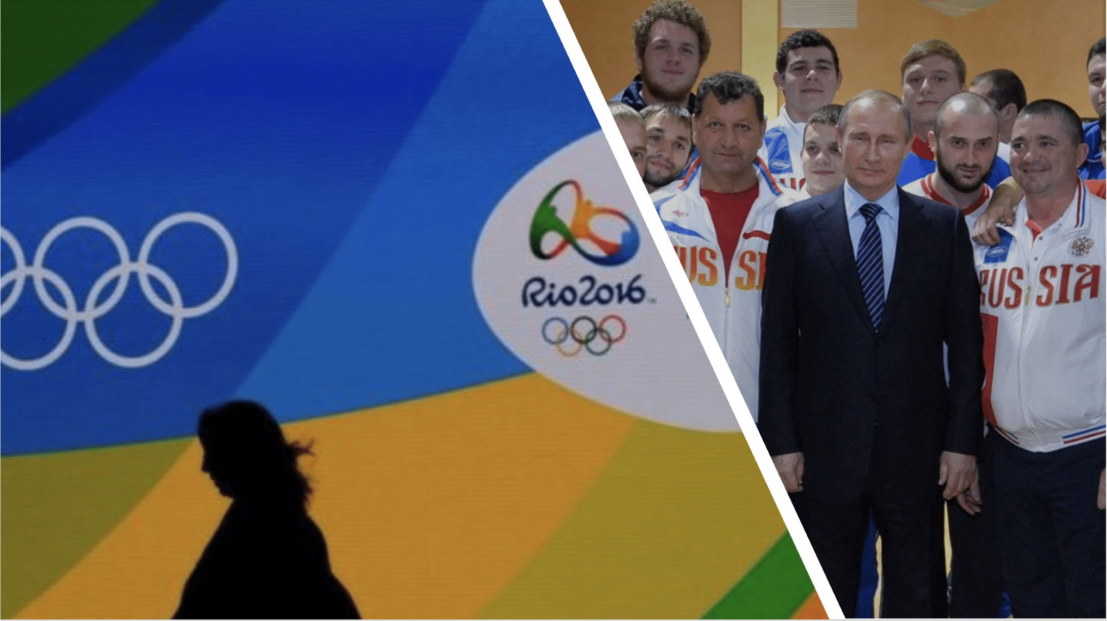 Rio Olympics flag with Putin posing with Russian athletes