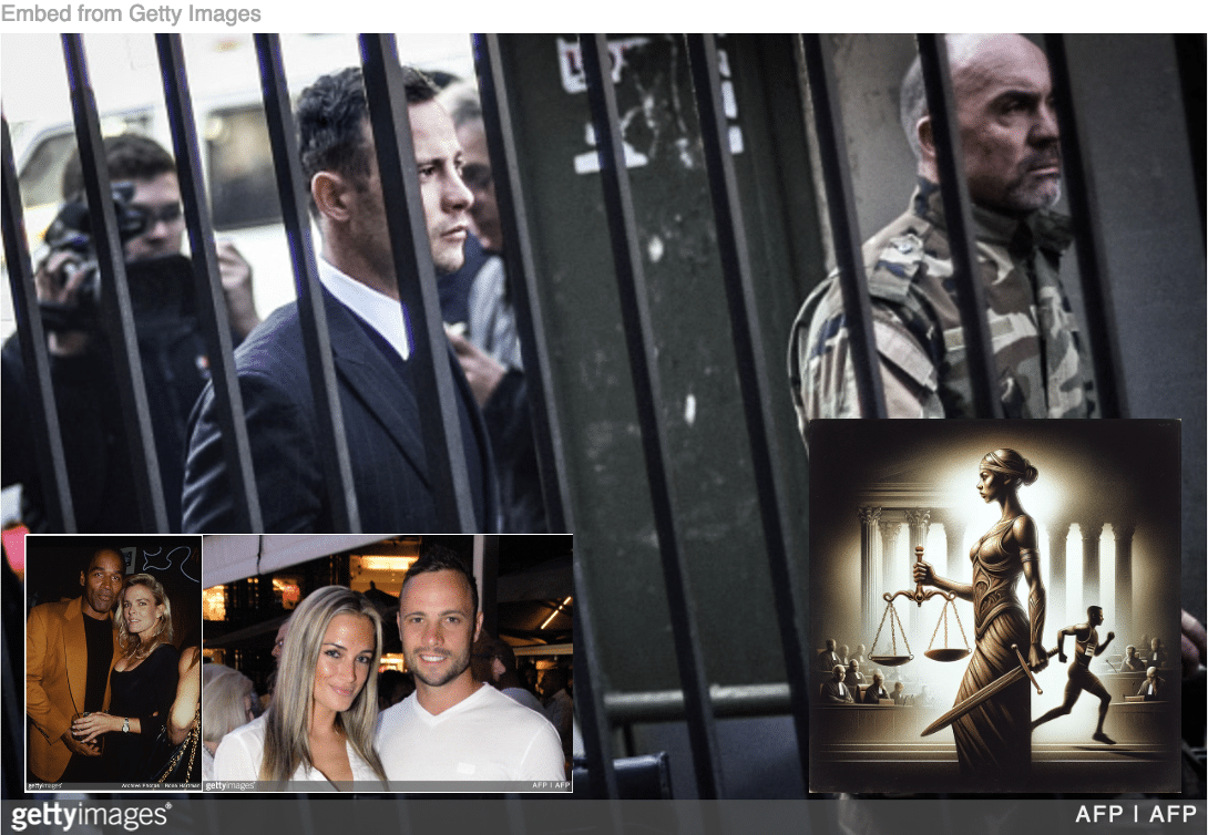 Oscar Pistorius heading to court with images of OJ and Nicole Oscar and Reeva and cartoon of Lady Justice inset