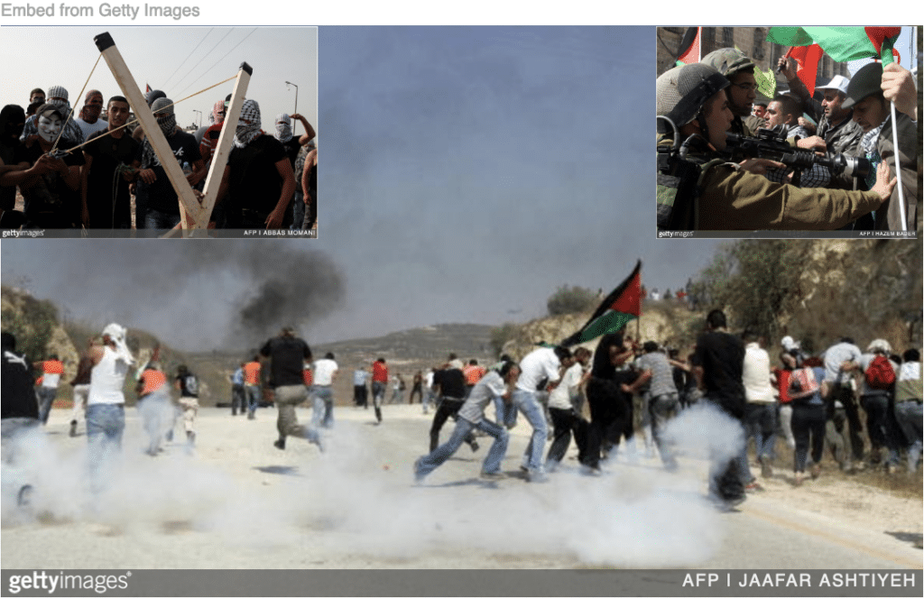 Palestinians hurling rocks as Israeli soldiers and launching a big sling shot and Israeli soldiers pointing guns at Palestinian protesters inset.