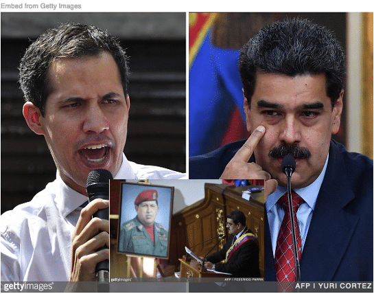 Juan Guaido and Nicolas Maduro speaking with image of Chavez inset