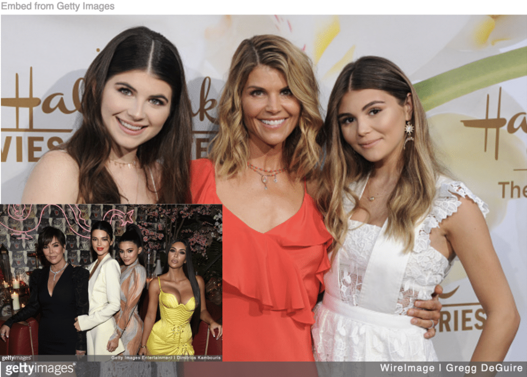 Lori Loughlin and daughters with Kim Kardashian and her daughters inset.