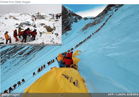 Climbers on Mount Everest and climbers caring for injured climber inset.