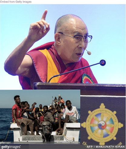 The Dalai Lama speaking with African migrants inset