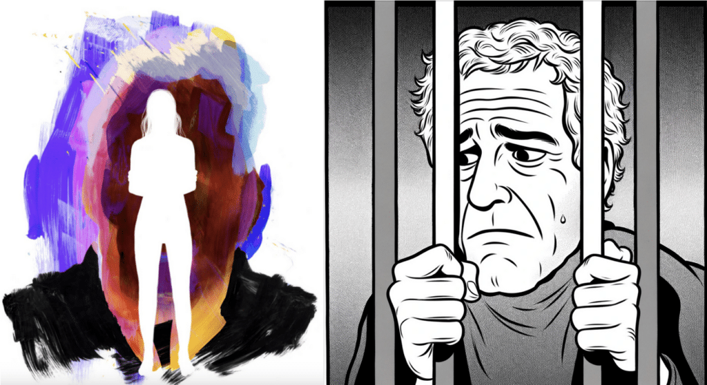 Cartoon of Epstein behind bars with silhouette of woman standing is outline of face of her John.