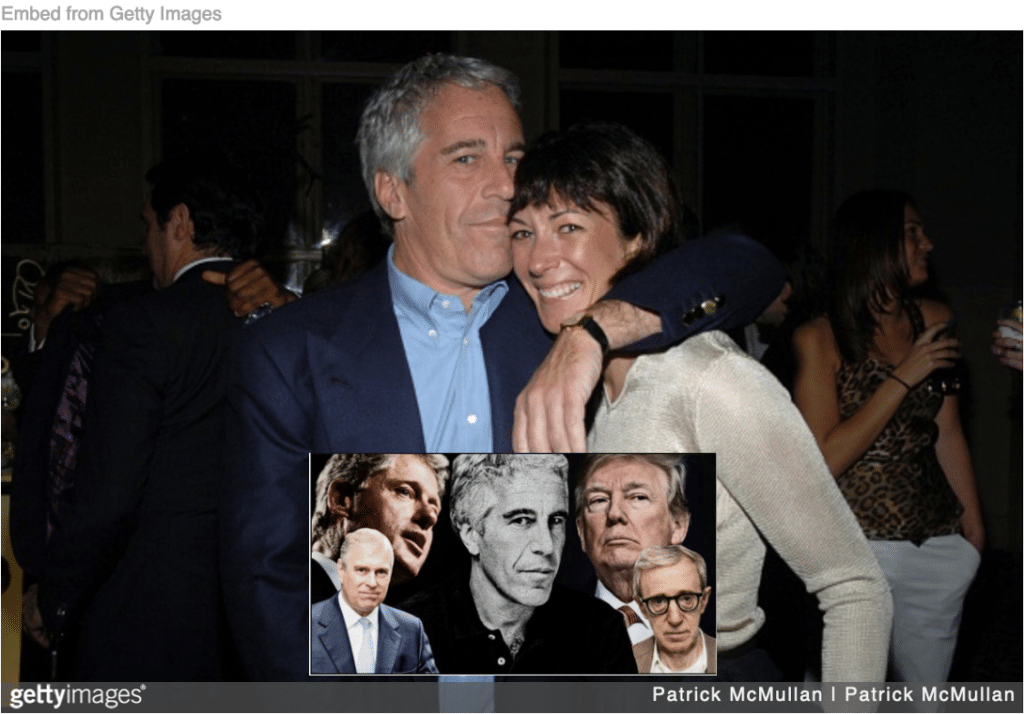 Jeffrey Epstein hugging Ghislaine Maxwell with Epstein surrounded by images of Trump, Clinton and other famous men.