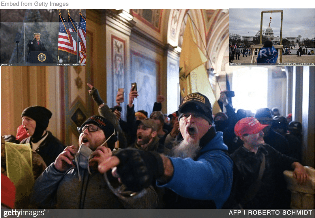 MAGA insurrectionists storming the capital with image of Trump at Jan 6 rally and image of noose and gallows inset.