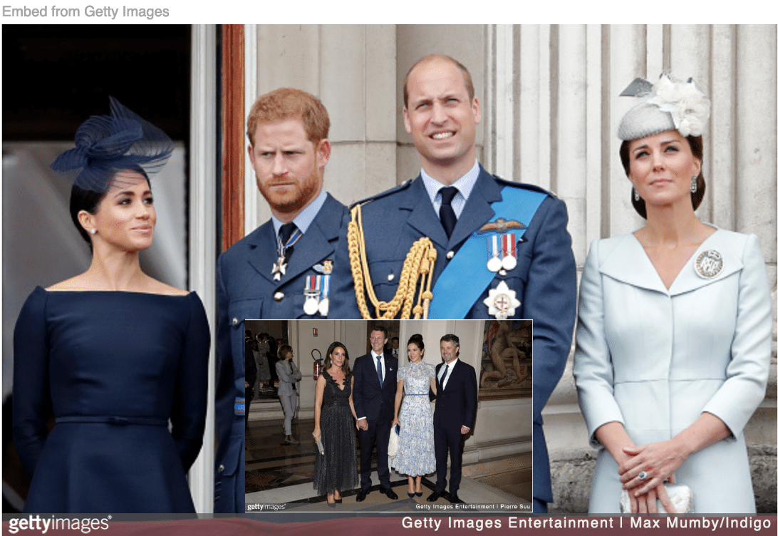 British princes William and Harry and their wives with Danish princes Frederik and Joachim and their wives inset.