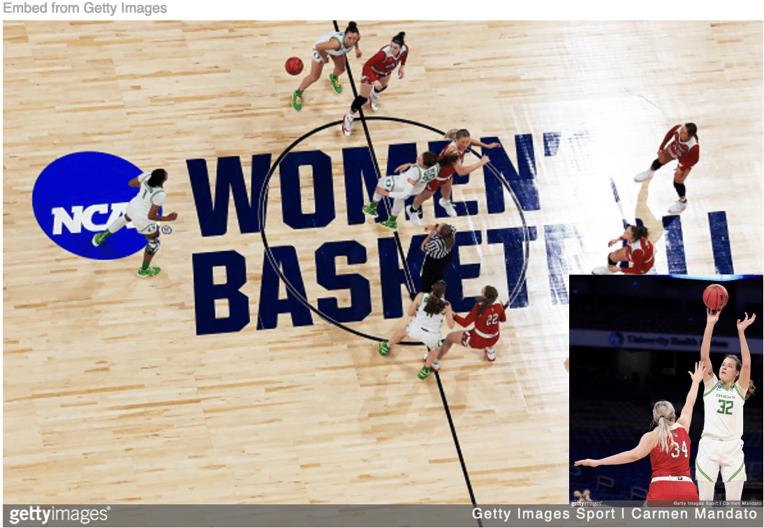 Overhead shot of jump ball in NCAA women's basketball game with player Sedona Prince shooting during game inset.