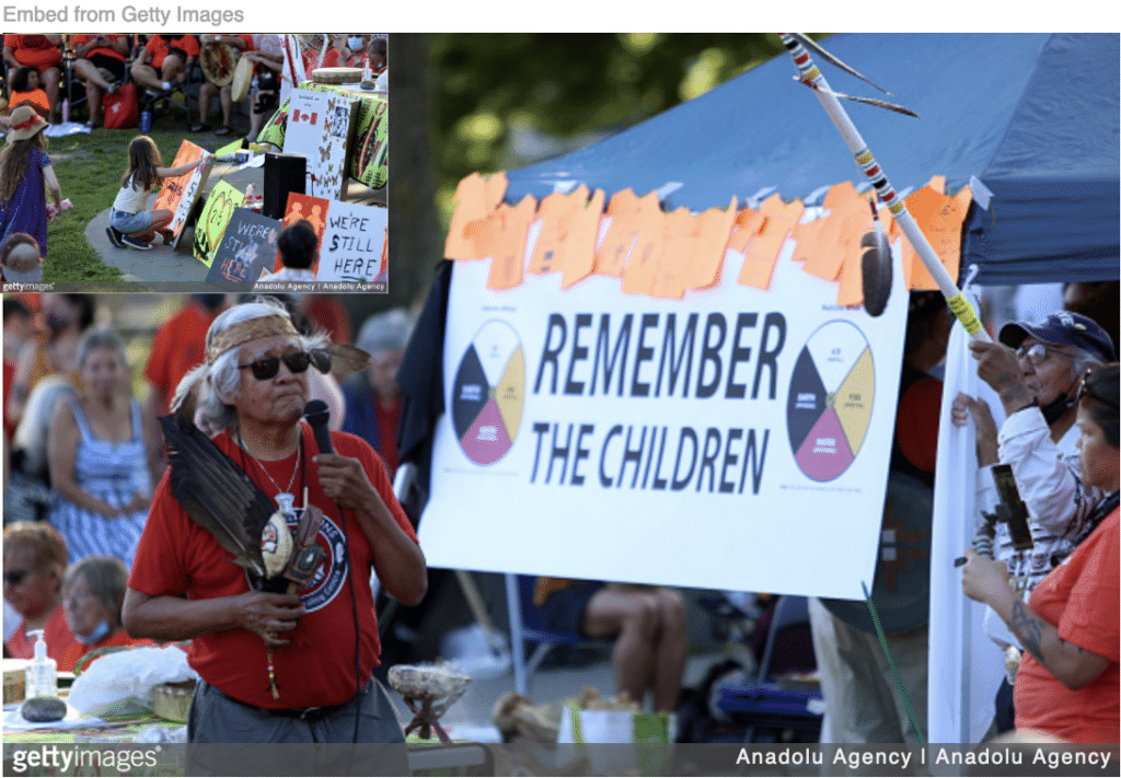 Canada reckoning with historical abuse of indigenous children with memorials to dead children inset. 
