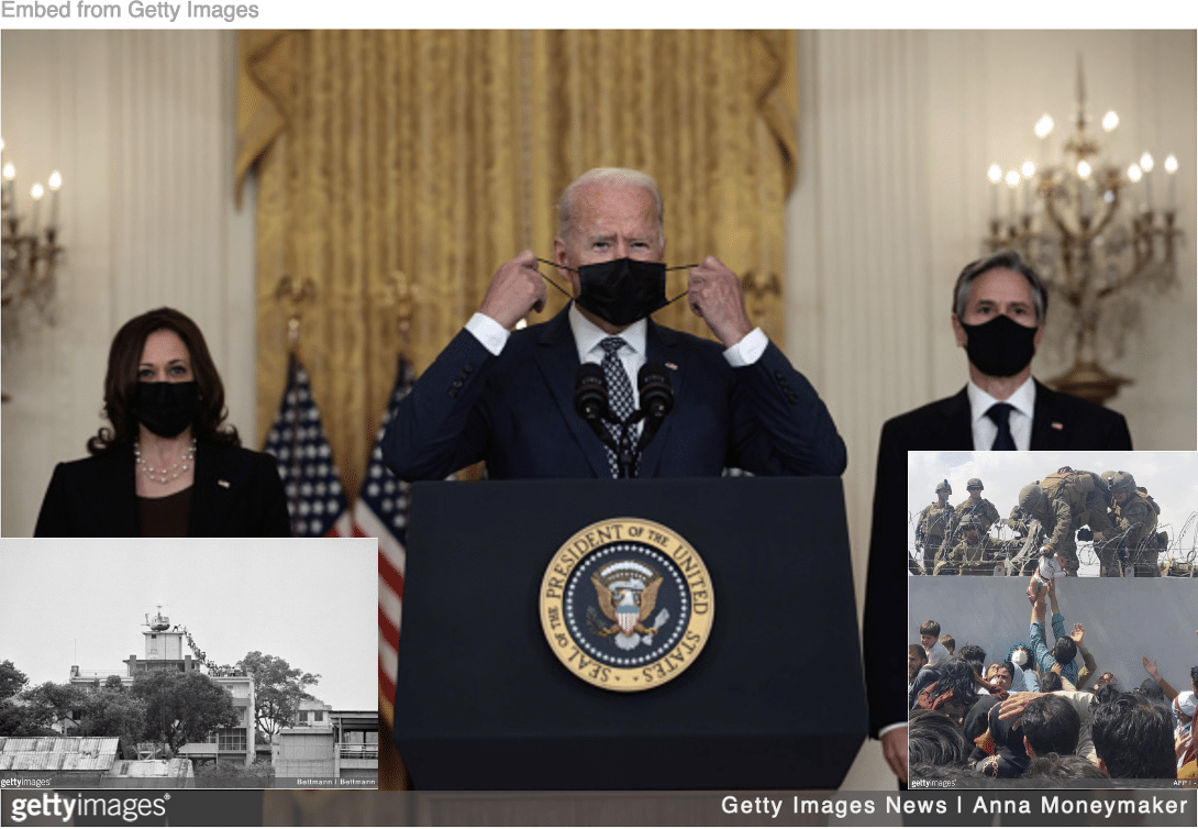 Biden about to speak about US evacuation from Afghanistan with images of Kabul and Saigon evacuations inset.