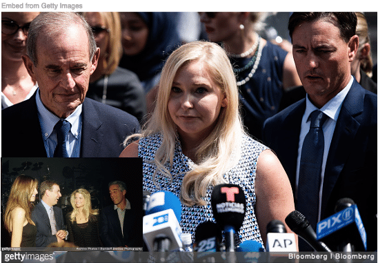 Prince Andrew's accuser Virginia Giuffre holding a press conference with picture of Andrew and Jeffrey Epstein inset