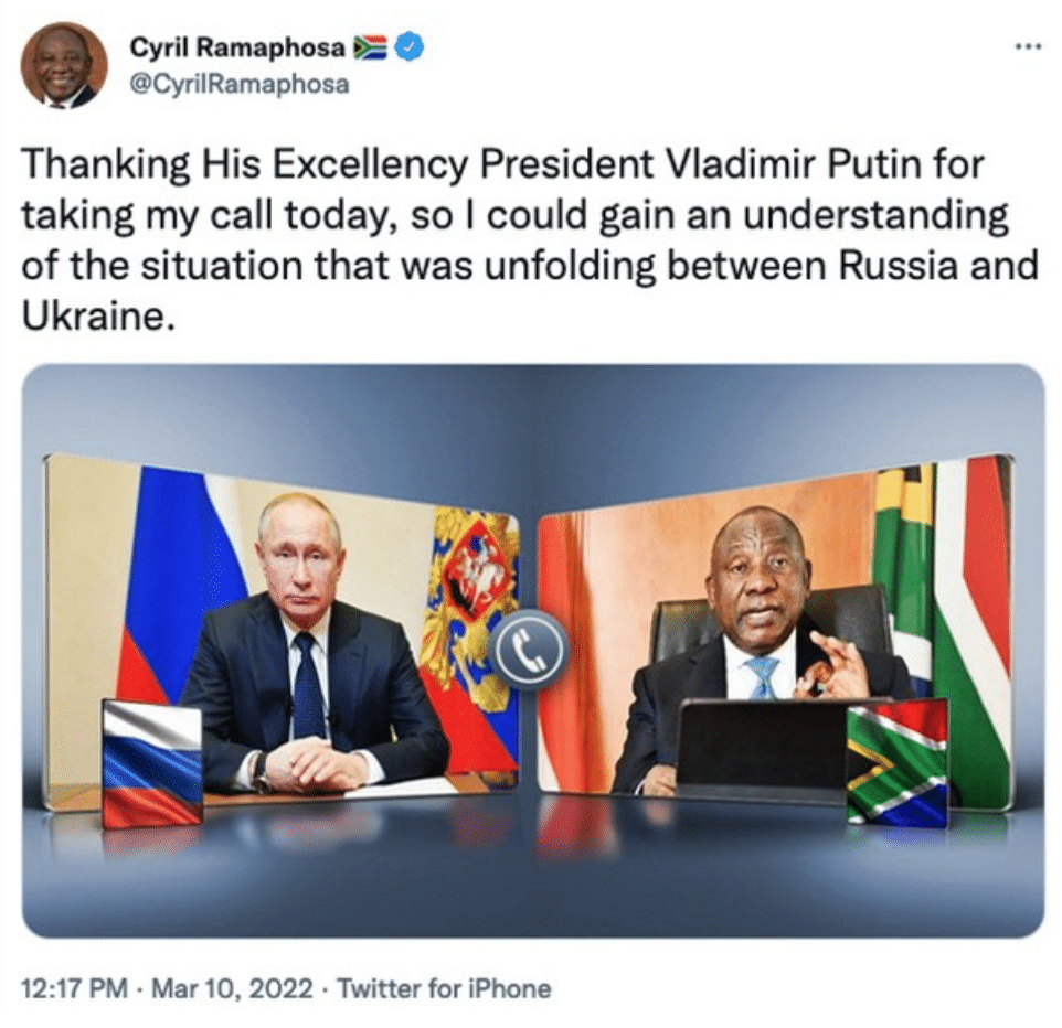 Ramaphosa calls Putin to get his side of the story to mediate peace