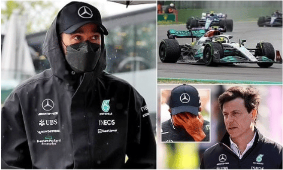 Lewis Hamilton and Toto Wolff both looking dejected alongside image of Hamilton's F1 car
