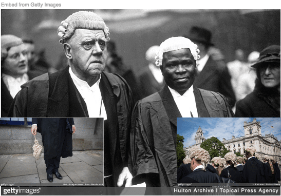 British White and Black lawyers wearing white wigs with inset of white lawyer hold his wig and group of lawyers wearing theirs.